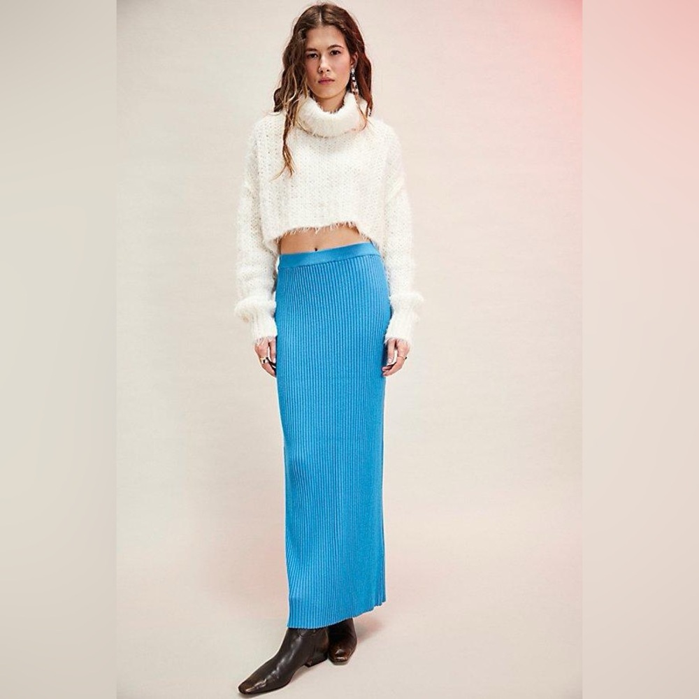 Free People Ribbed Maxi Skirt in Bright Blue